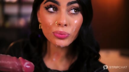 sexy brunette covered in cum dildo blowjob