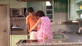 Grandma fucked by the horny neighbor boy in the kitchen