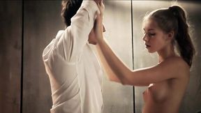 Too skinny babe in coat on naked body dominates her boyfriend in his office