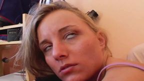A slender German blonde gets a big facial after a hard anal bang