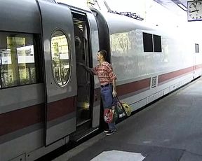 Hot German blonde with amazing round tits gets to please a dude on a train