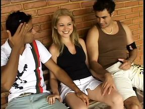 Blonde mamacita gets double penetrated and creamed on the veranda