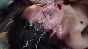 Messy cockslut got covered in cum in a messy gangbang