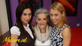 Granny Dominates Two Teen Lesbians in Hairy Threesome