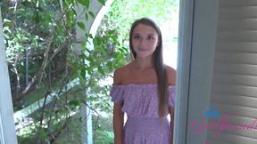 Flat-chested Mira Monroe gives footjob and gets fucked in pov