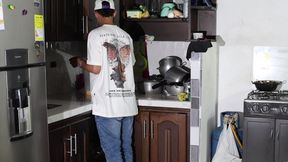 Surprise fuck for my friend in the kitchen cum on my big tits