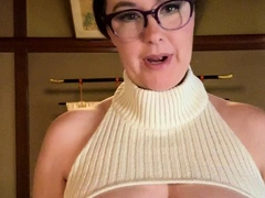 Busty curly brunette with big boobs fucks on couch