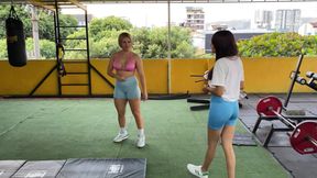 Private workout with my gym trainer gets out of control and we end up fucking on the bench press. Intense lesbian