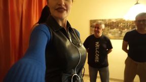 Femdom latex chick loves to walk on slaves body