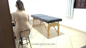 Proctologist performs anal exam on constipated patient.