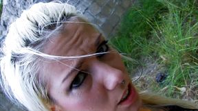 Blond slut fucking and facial in forest