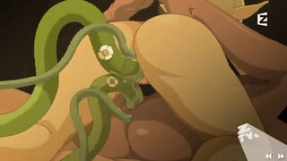 Cartoon elves are having sex with each other and with a monster with huge tentacles