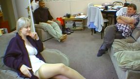 Husband watches his pale white wife with two black men