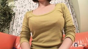 During her interview a brunette Japanese girl gets her hairy pussy eaten out and cums