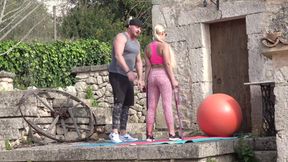 Pierced blonde MILF enjoys outdoor 3some after yoga