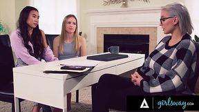 Young Lesbian Couple Rushes In a Passionate 3-some With Their Sexy MILF Psychologist