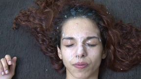 Skinny Petite Hairy Pussy Fucked and Cummed on Face by Three Monster Cocks